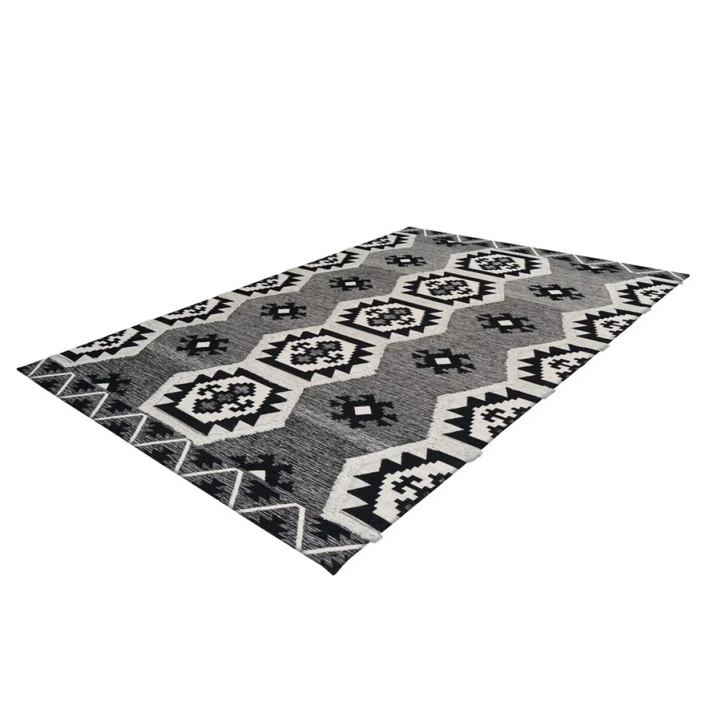 Tapis ethnique tissé motifs Aztec noir et blanc en coton 200x290 cm