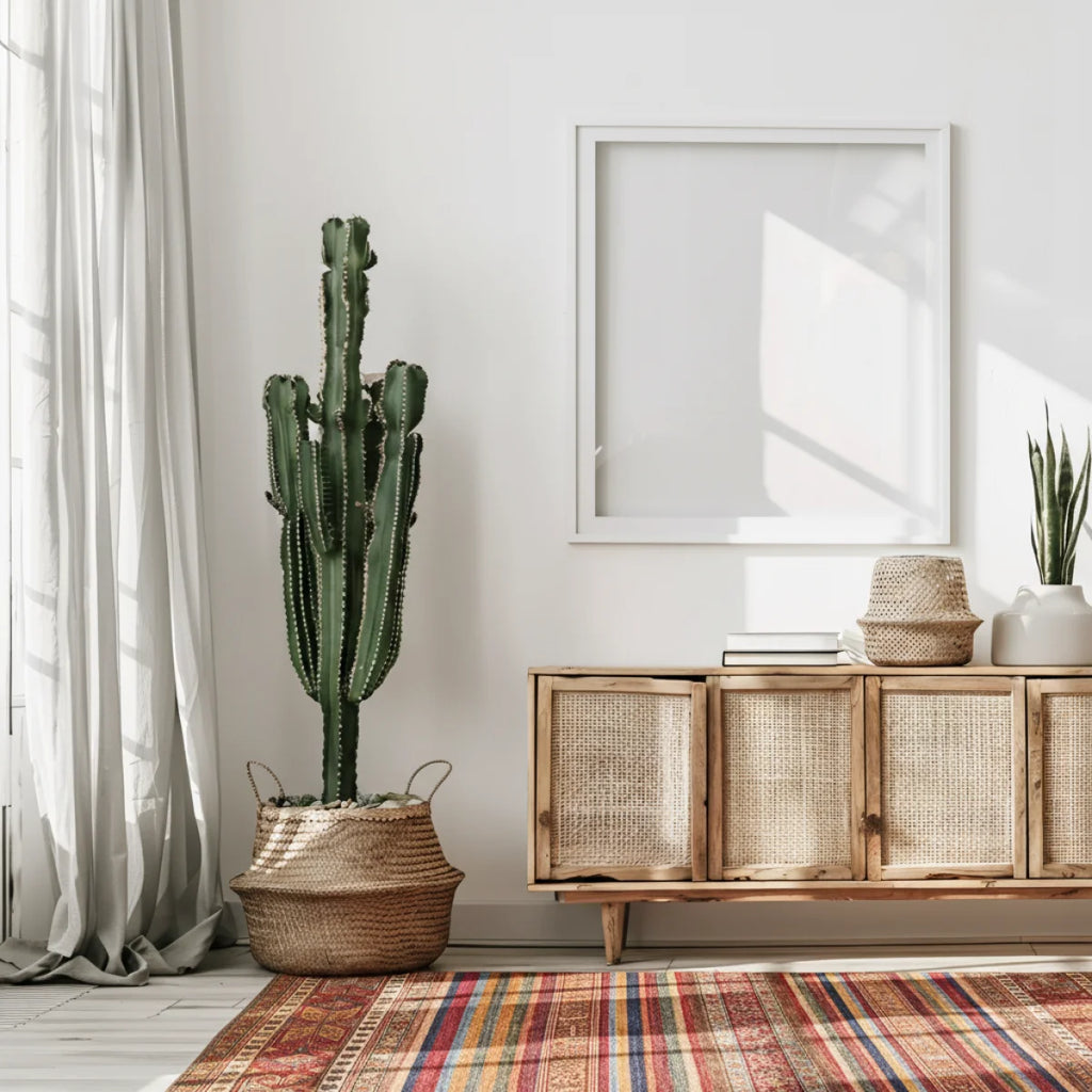 Cactus haut en pot tissé avec motif ethnique multicolore dans une panière en osier