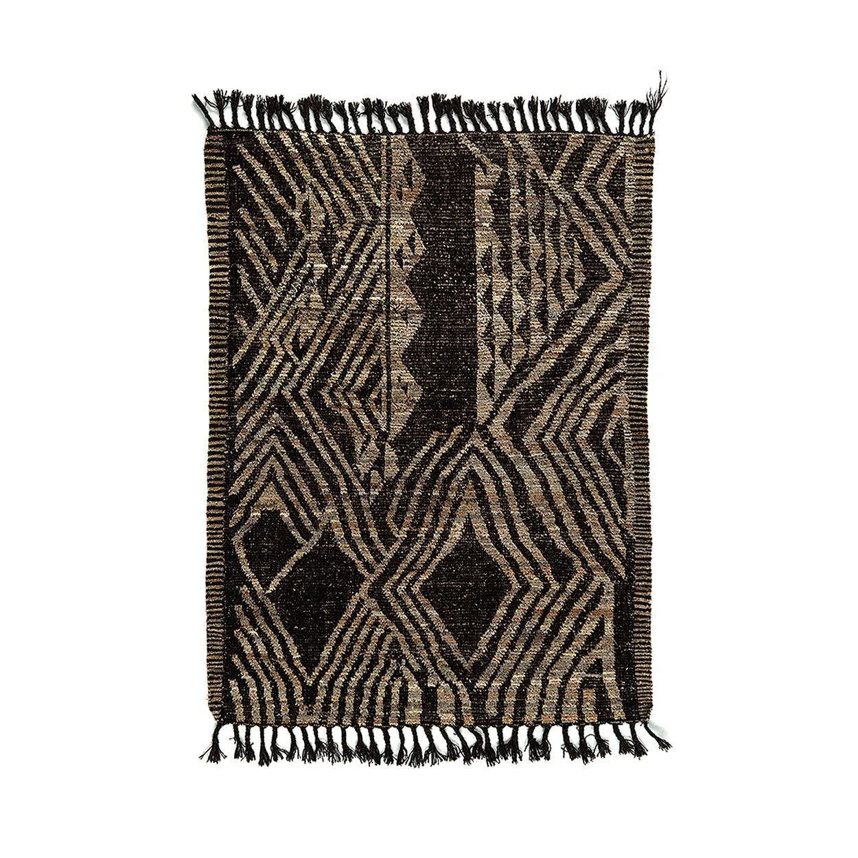 Tapis géométrique rectangulaire en laine noir et beige 308x212 cm à franges
