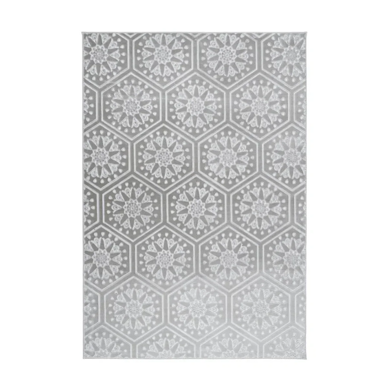 Tapis graphique à poil court gris et blanc en velours relief