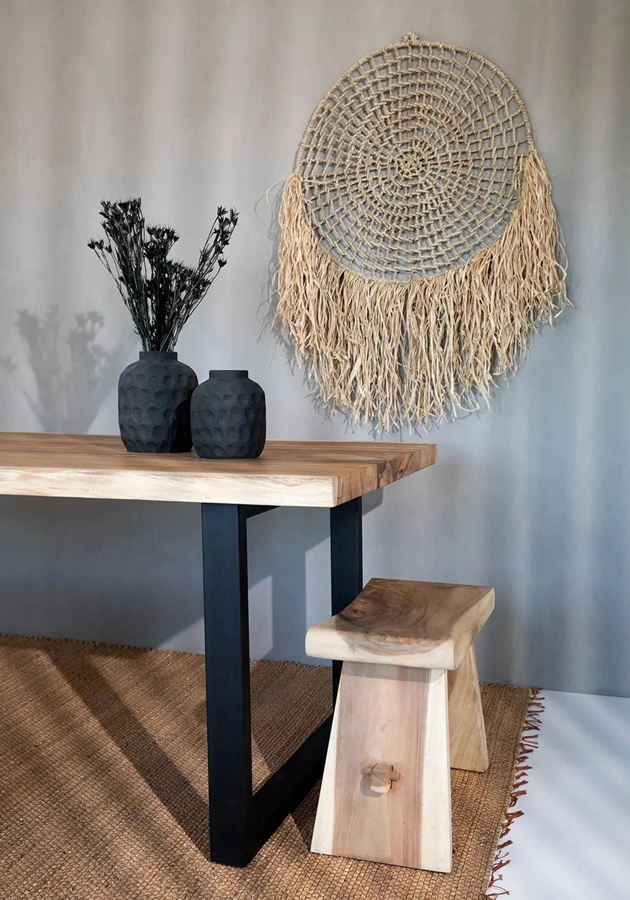 Mur en jonc d’eau naturel tissé avec franges, taille 260x180 cm