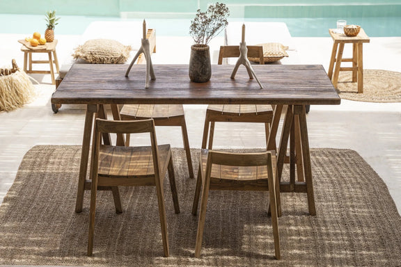 Table de salle à manger en bois avec ensemble de chaises, produit tapis en jonc de mer naturel 200x300 cm rectangulaire
