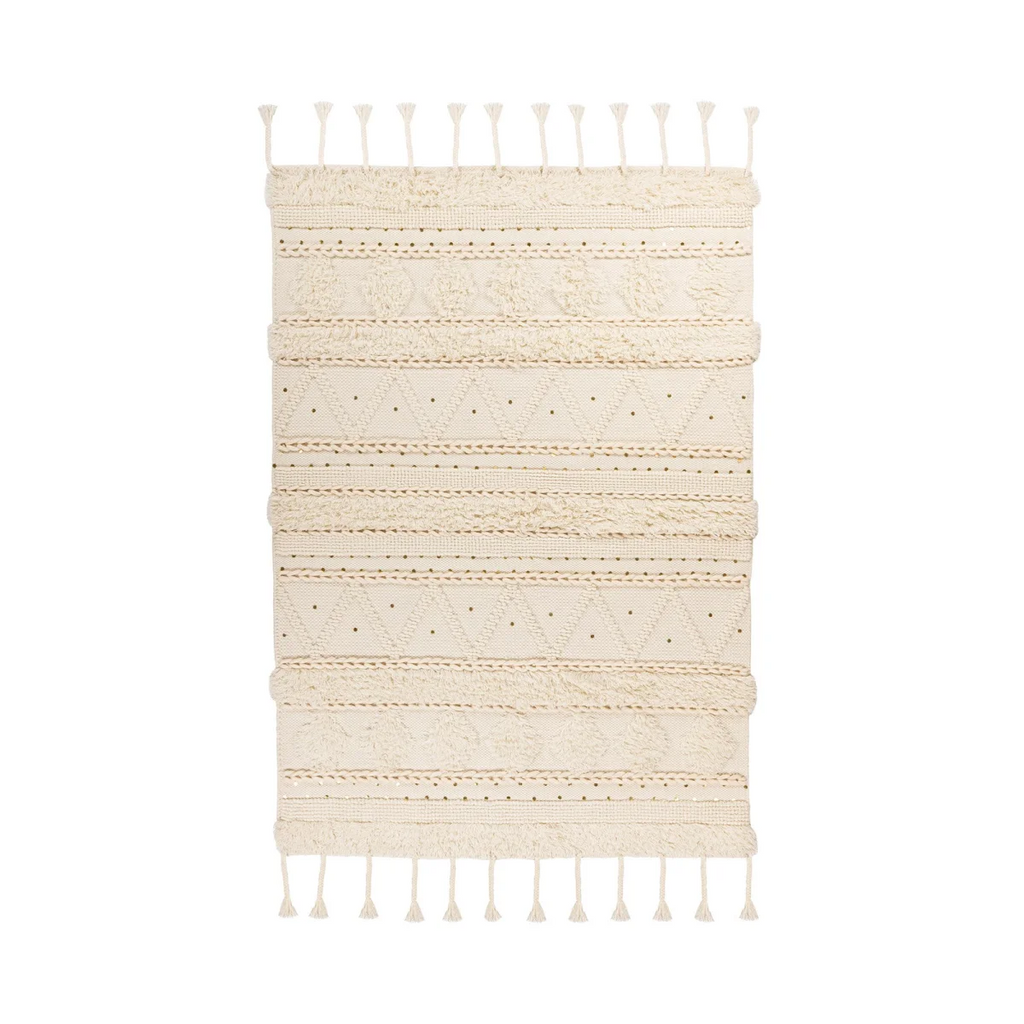 Tapis en laine écru rectangulaire avec franges et motifs géométriques