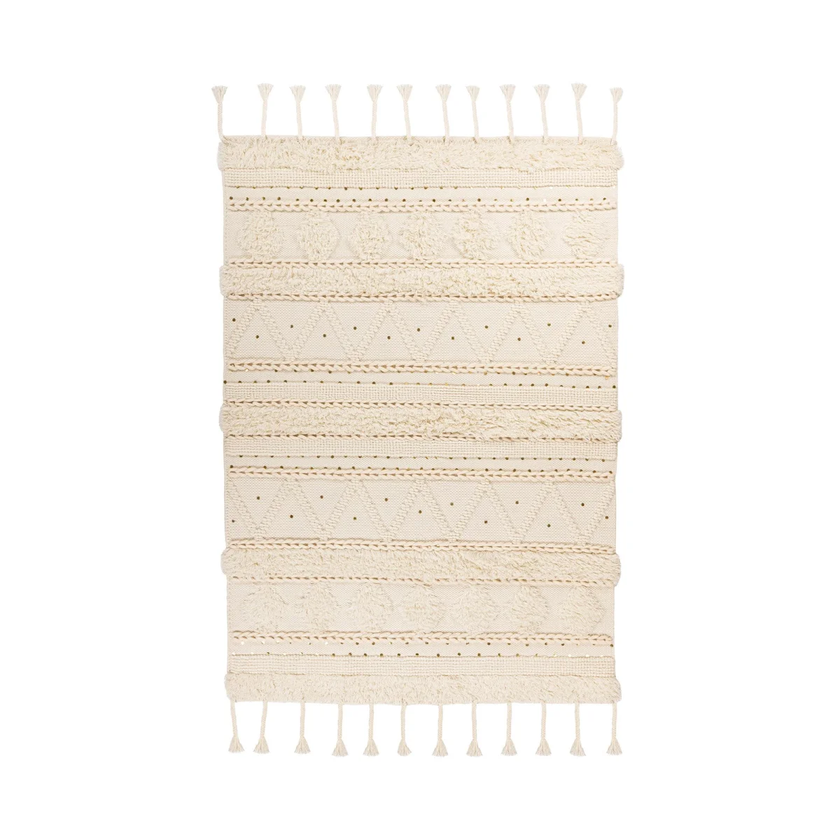 Tapis en laine écru rectangulaire avec franges et motifs géométriques