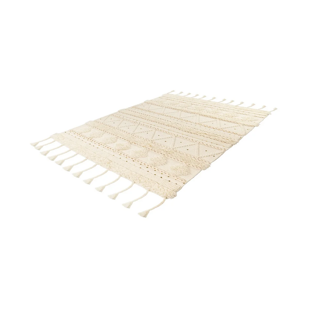 Tapis en laine écru à franges avec motifs géométriques pour décoration intérieure
