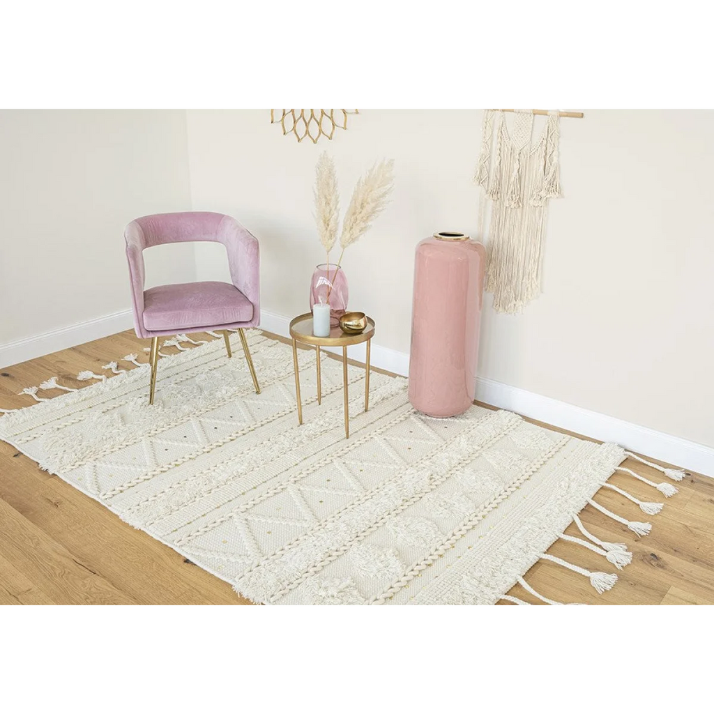 Tapis en laine écru rectangulaire avec motifs géométriques et franges