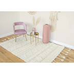 Tapis en laine écru rectangulaire avec motifs géométriques et franges