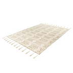 Tapis en laine écru à motifs géométriques et franges avec tapis tufté en coton écru