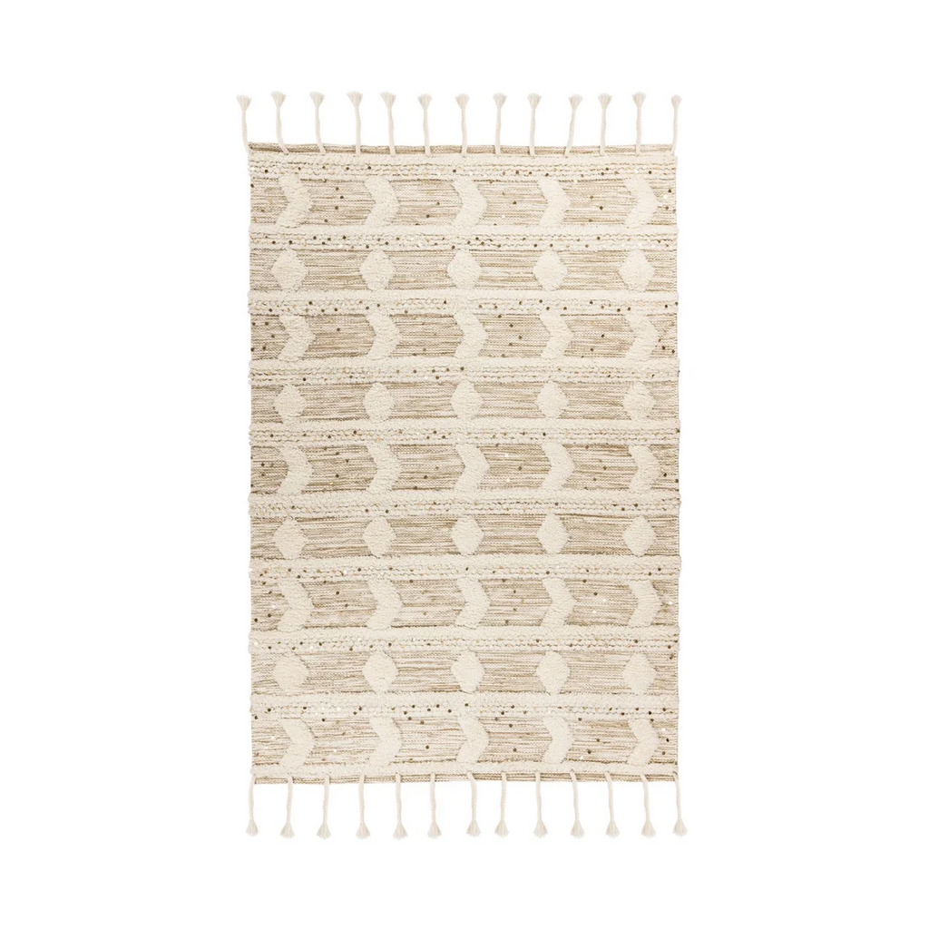 Tapis en laine écru avec motifs géométriques et franges pour décoration intérieure