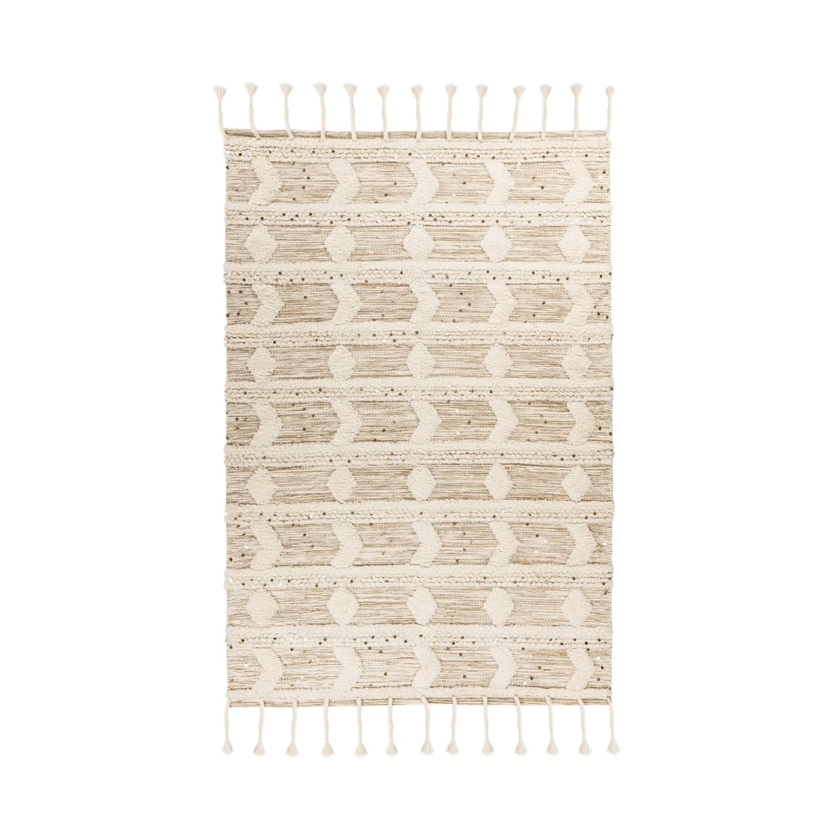 Tapis en laine écru avec motifs géométriques et franges pour décoration intérieure