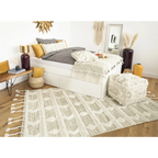 Tapis en laine écru à motifs géométriques et franges, tapis tissé blanc et gris