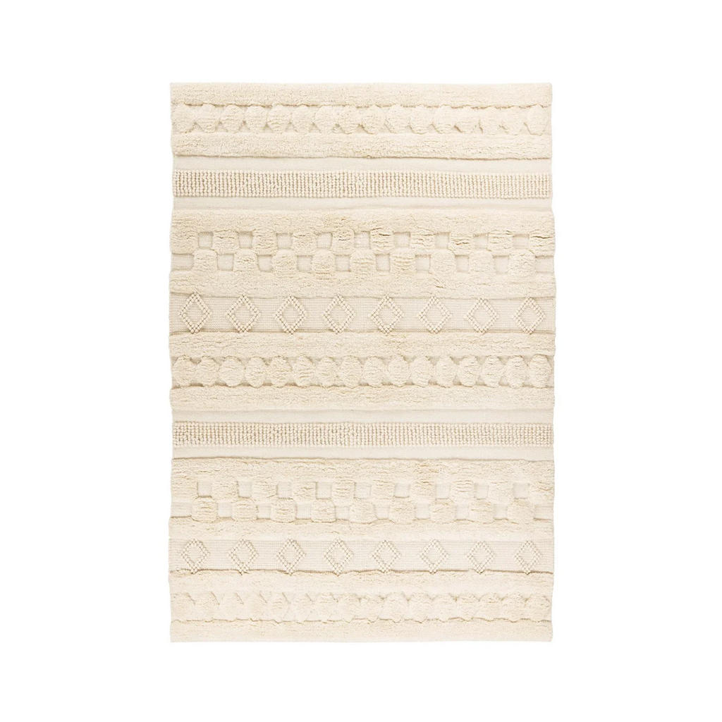 Tapis en laine écru avec motifs géométriques texturés et bandes horizontales