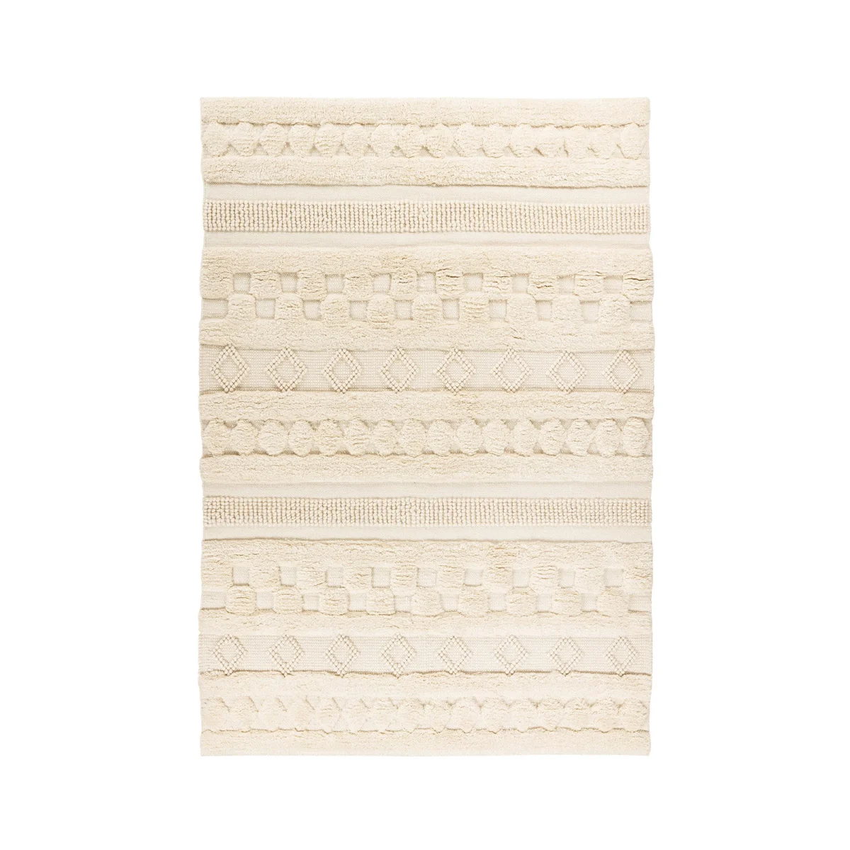 Tapis en laine écru avec motifs géométriques texturés et bandes horizontales