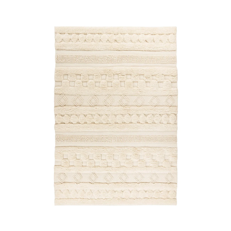 Tapis en laine écru à motifs texturés géométriques
