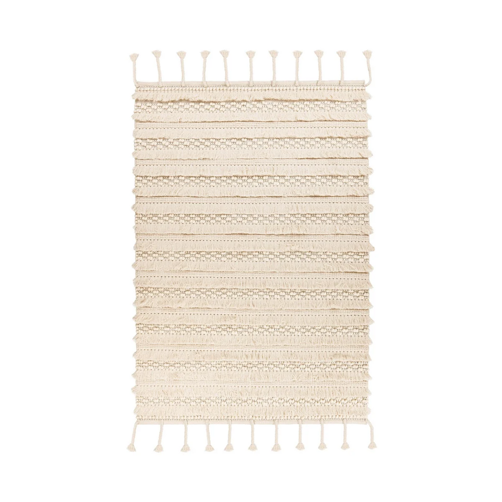Tapis en laine écru à rayures texturées avec franges, rectangulaire et beige