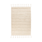 Tapis en laine écru à rayures texturées avec franges, rectangulaire et beige