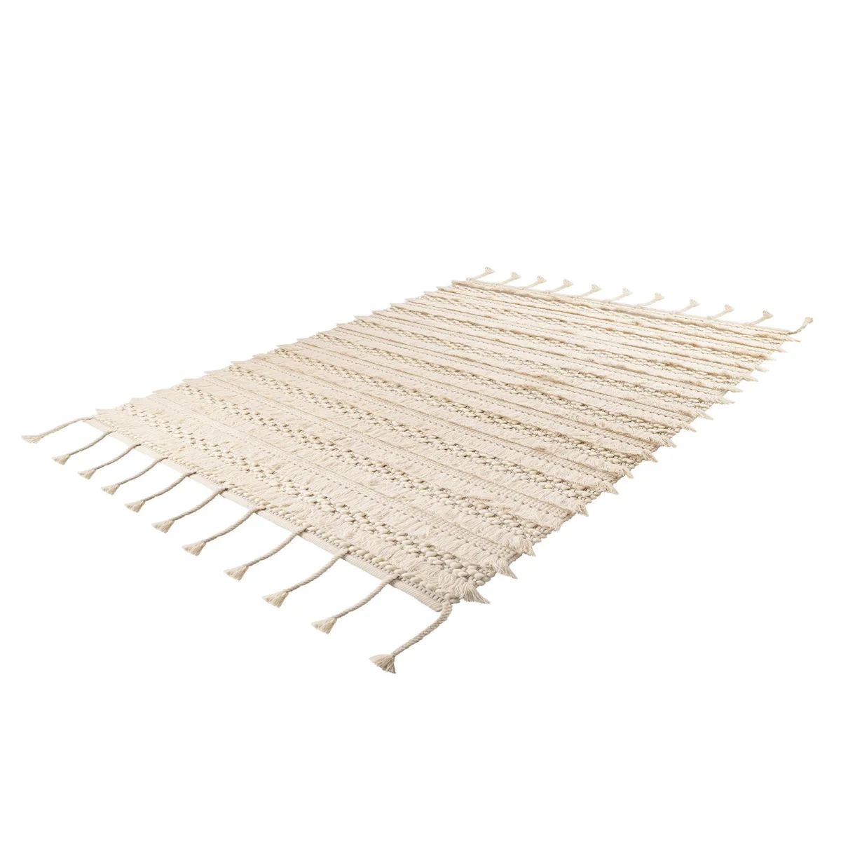 Tapis en laine écru à rayures texturées avec franges, idéal pour la décoration intérieure