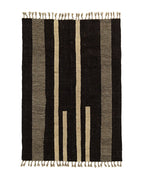 Tapis en laine noir et beige à rayures graphiques, 300x205 cm, frangé