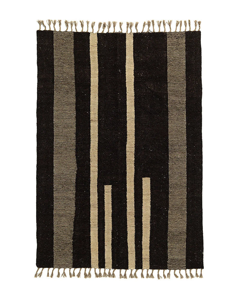 Tapis en laine noir et beige à rayures graphiques – 300x205 cm