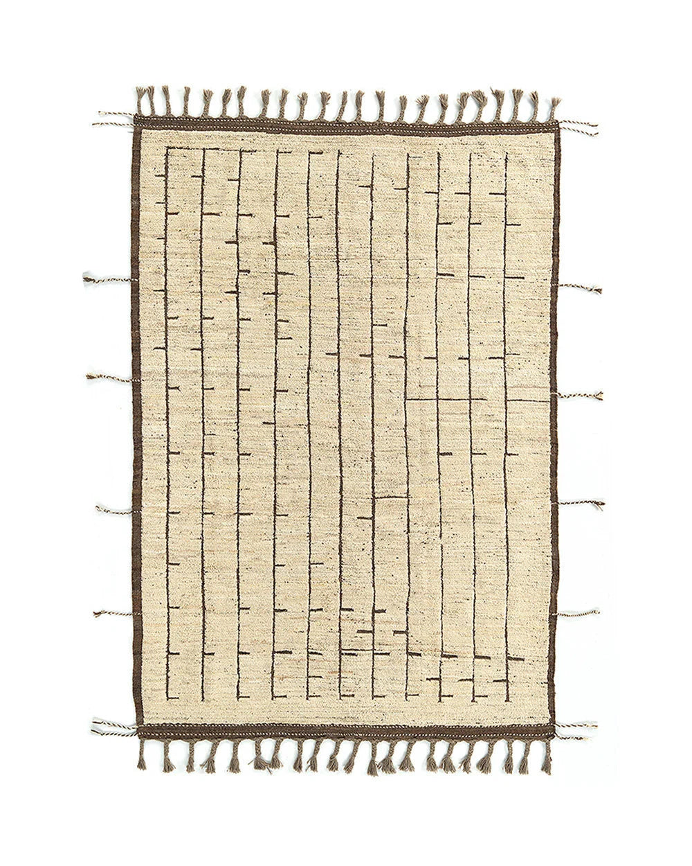Tapis en laine tissé beige et brun à franges, 290x197 cm