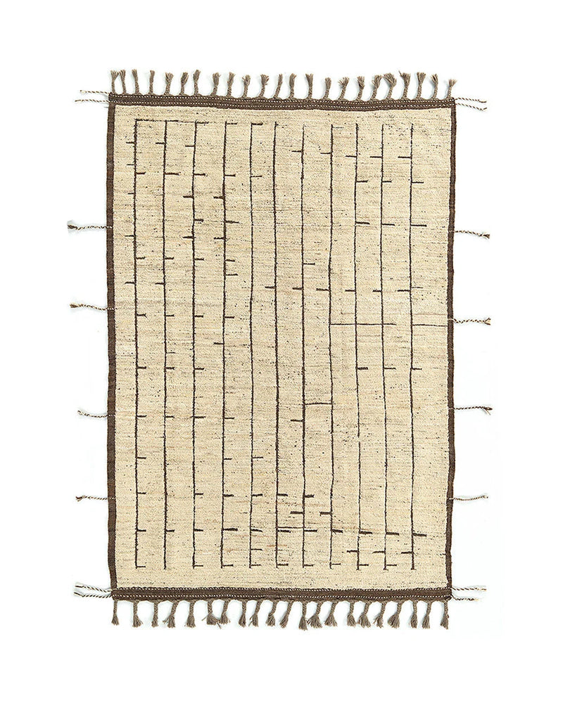Tapis en laine tissé à la main beige et brun à franges – 290x197 cm