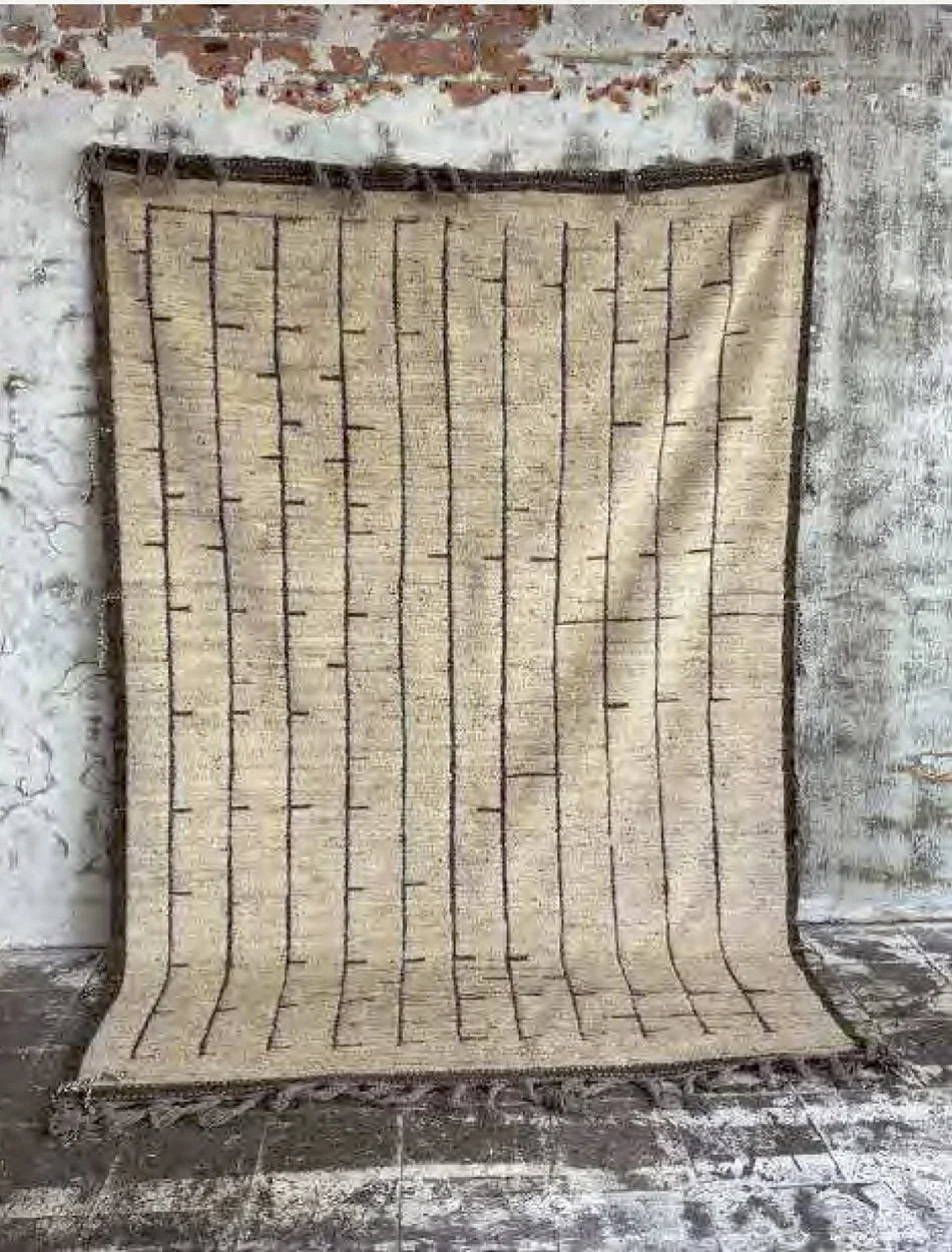 Tapis en laine tissé beige et brun à franges, 290x197 cm