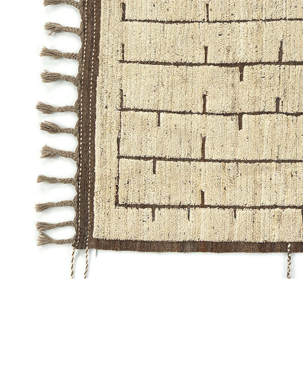 Tapis en laine tissé main beige et brun à franges géométriques, 290x197 cm