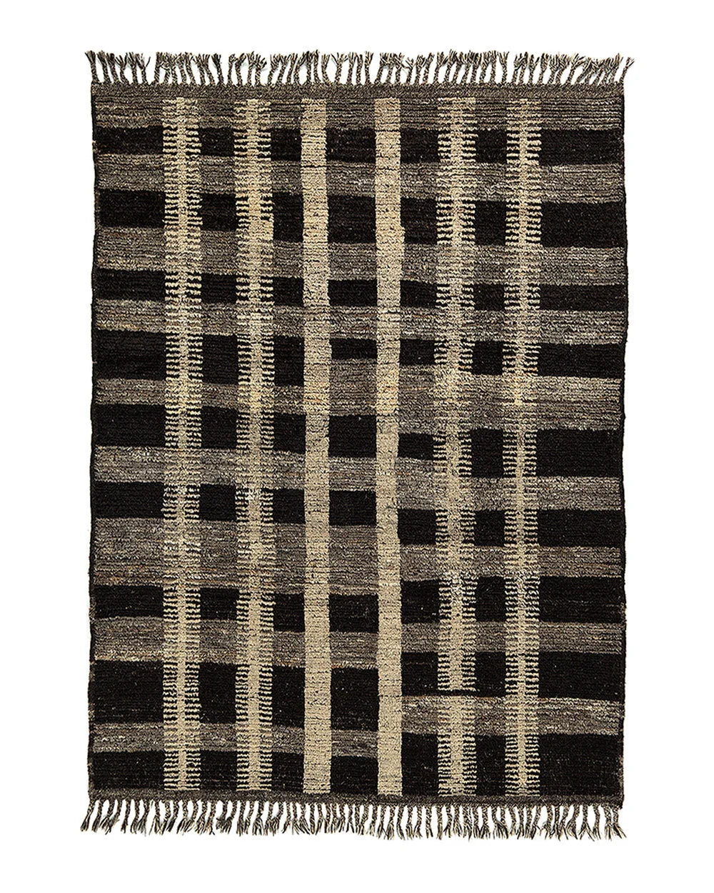 Tapis en laine tissé main motif graphique noir et beige frangé