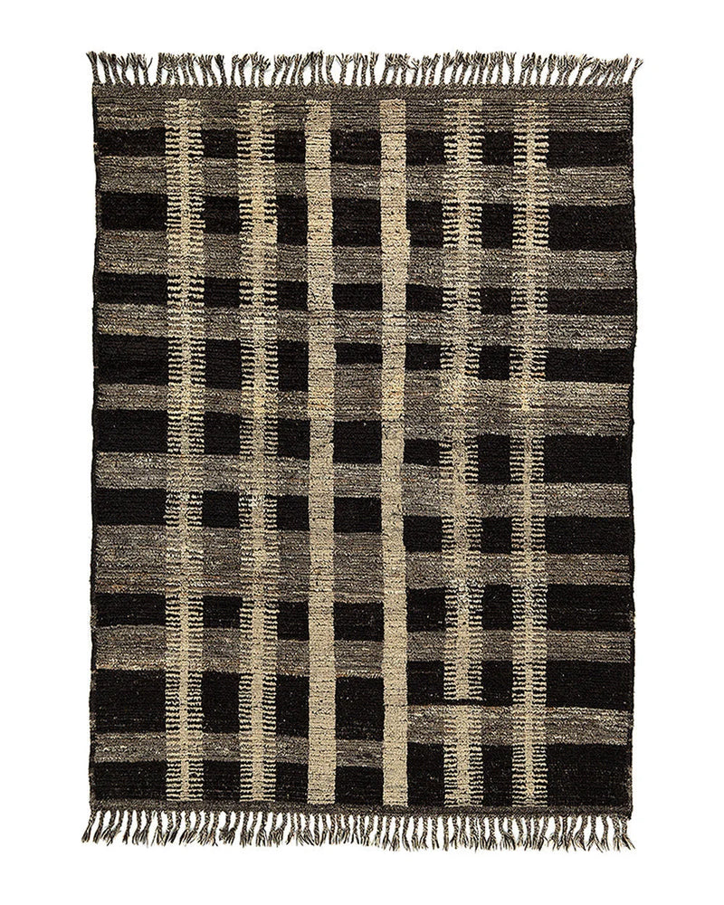 Tapis en laine tissé main motif graphique noir et beige – 307x213 cm