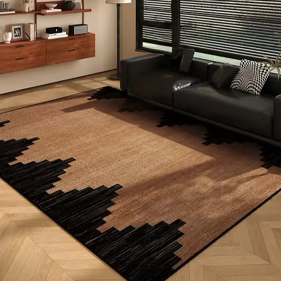 Tapis moderne marron dans un salon avec mobilier contemporain.