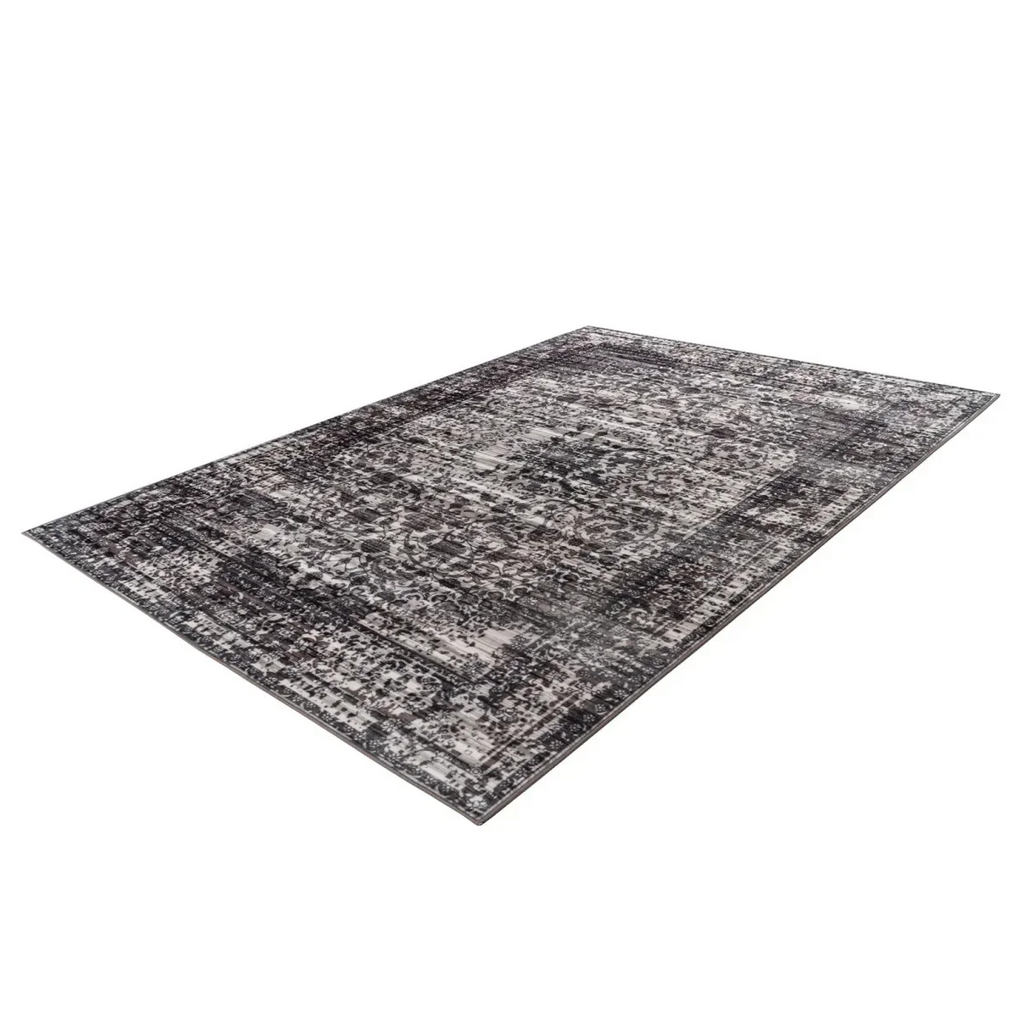 Tapis oriental gris vieilli avec motifs persans et bordure intricate 80x150 cm