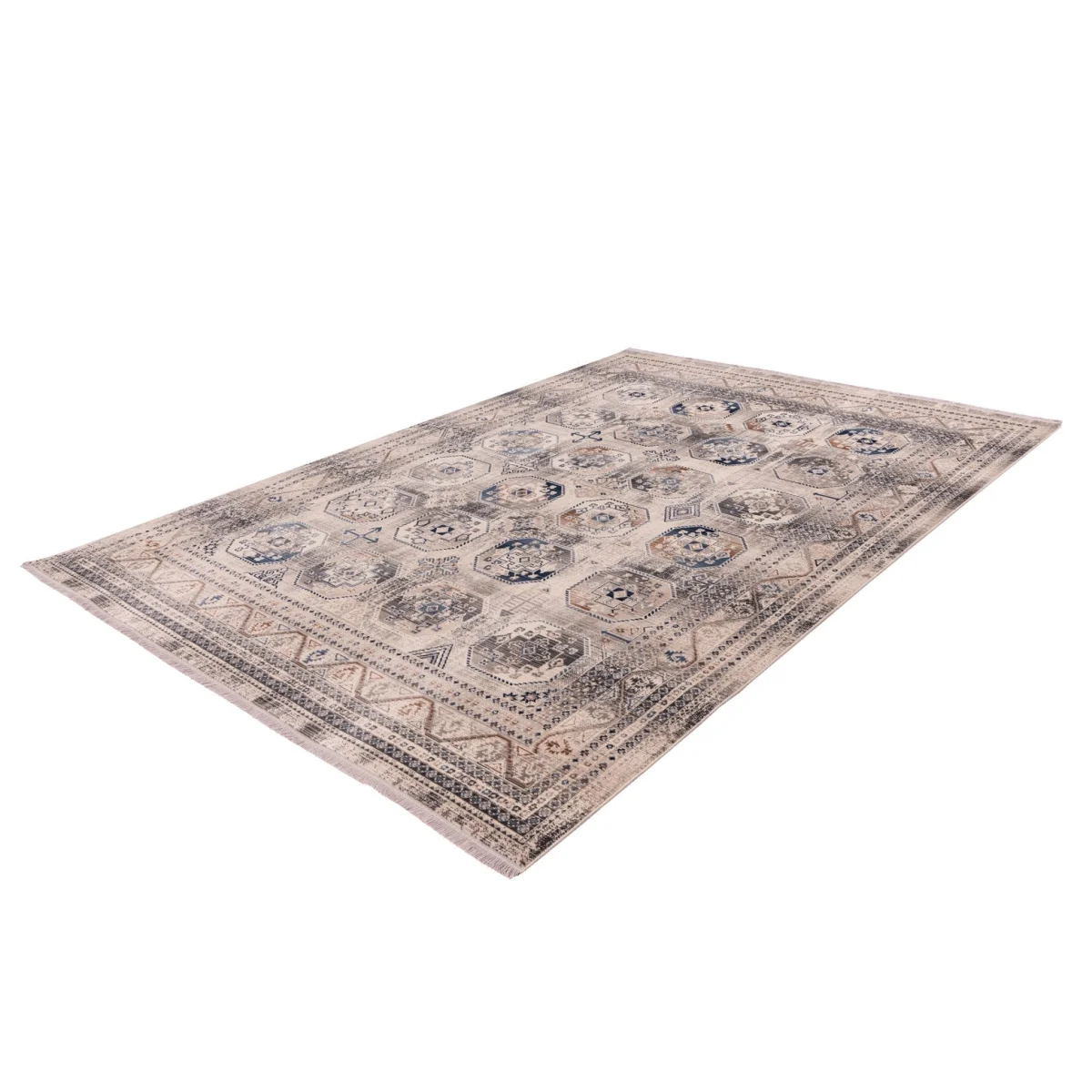 Tapis oriental à poil ras médaillons bleus et beiges avec motif traditionnel faded