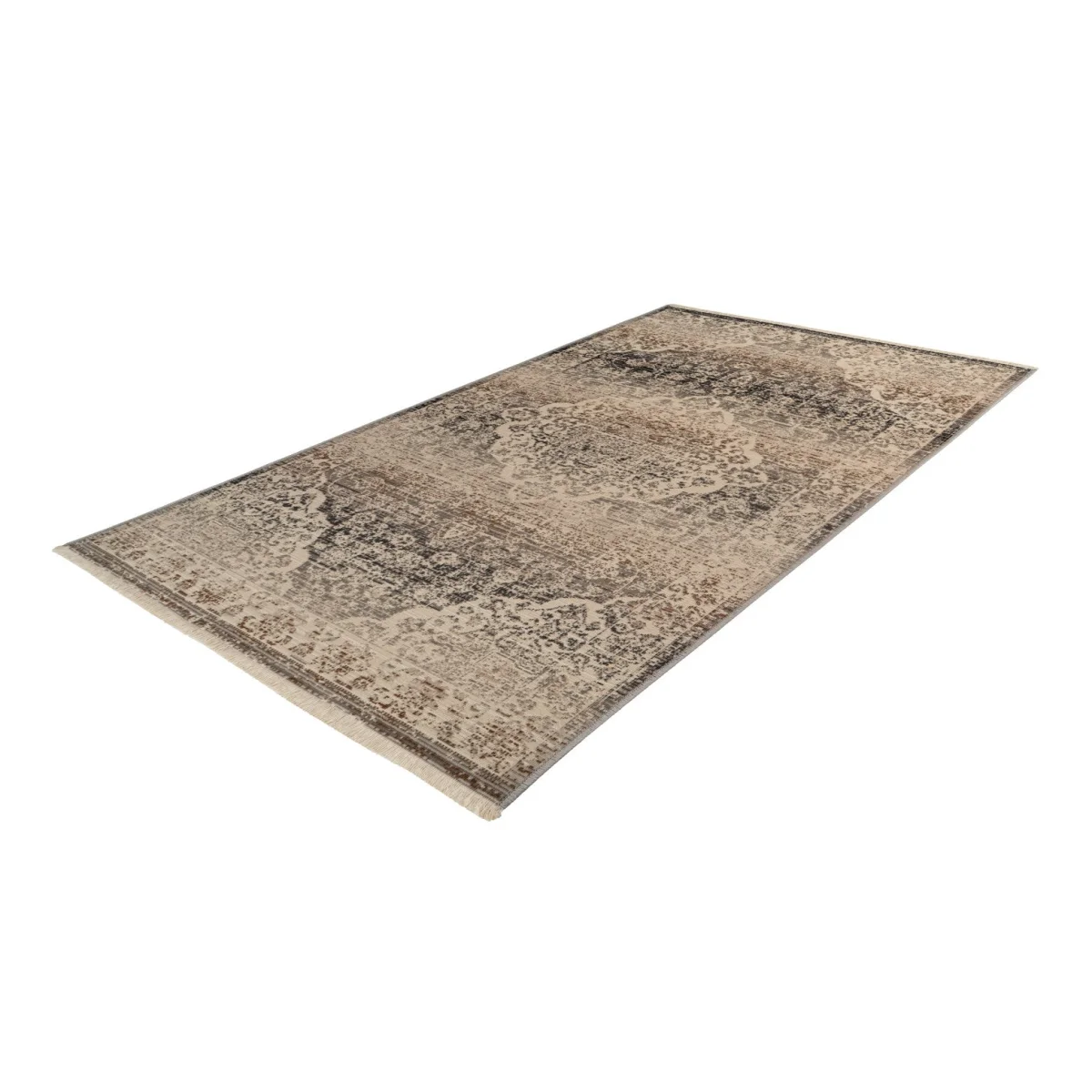 Tapis oriental beige à poils ras avec motif persan vieilli et design abstrait