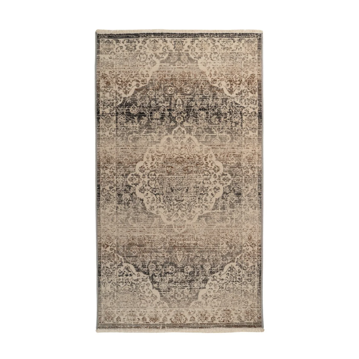 Tapis oriental beige à poils ras avec motif persan vieilli et design intricate