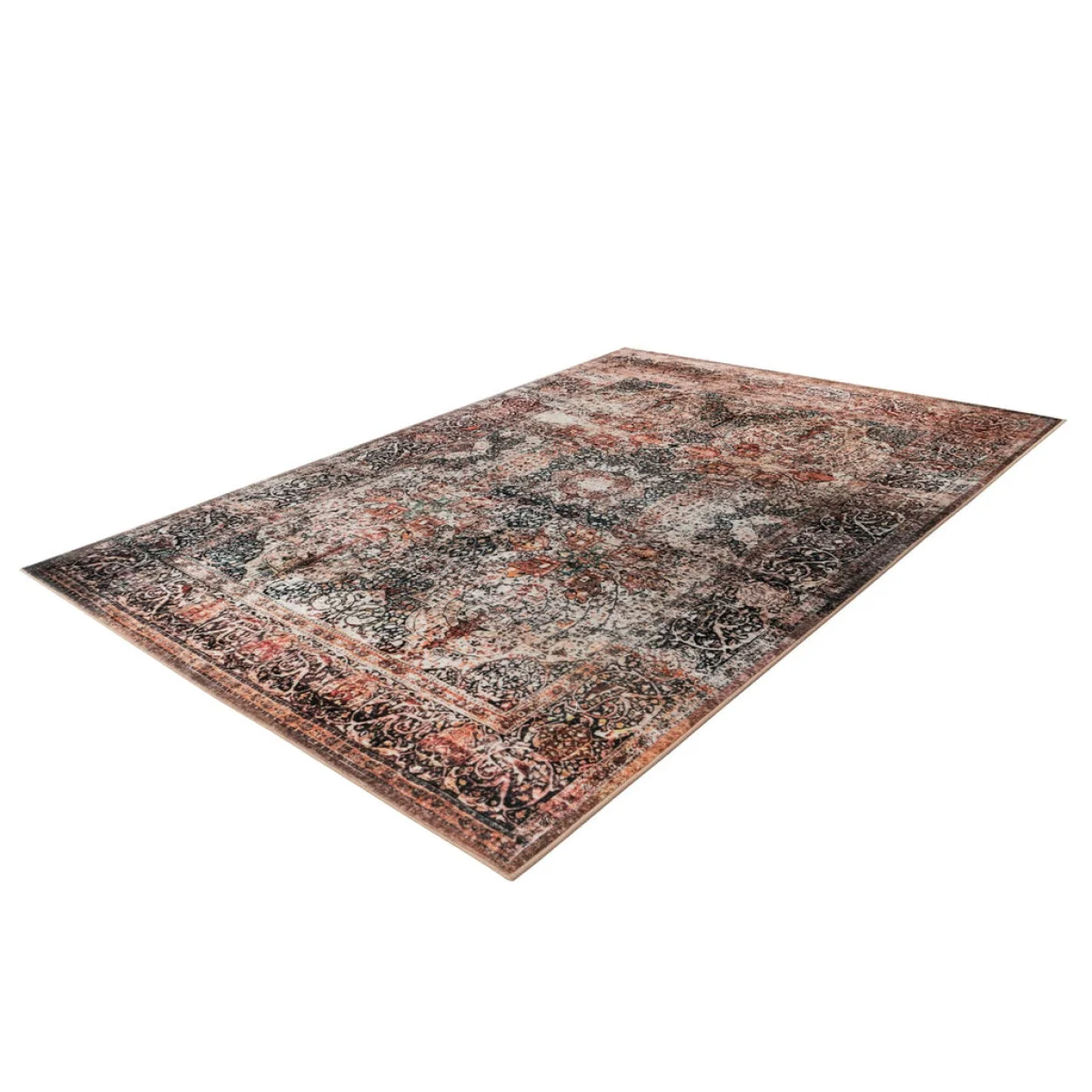 Tapis persan ancien avec motif floral rouge, noir et brun en style oriental vieilli