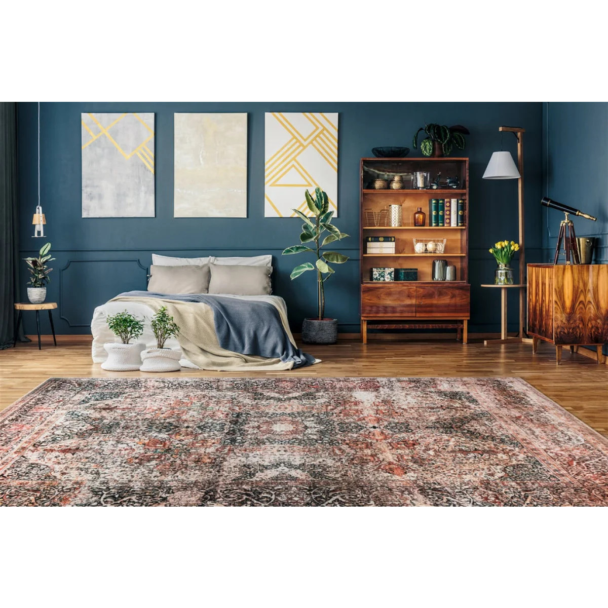 Tapis oriental persan vieilli avec motif complexe en rouge, noir et crème 160x230 cm