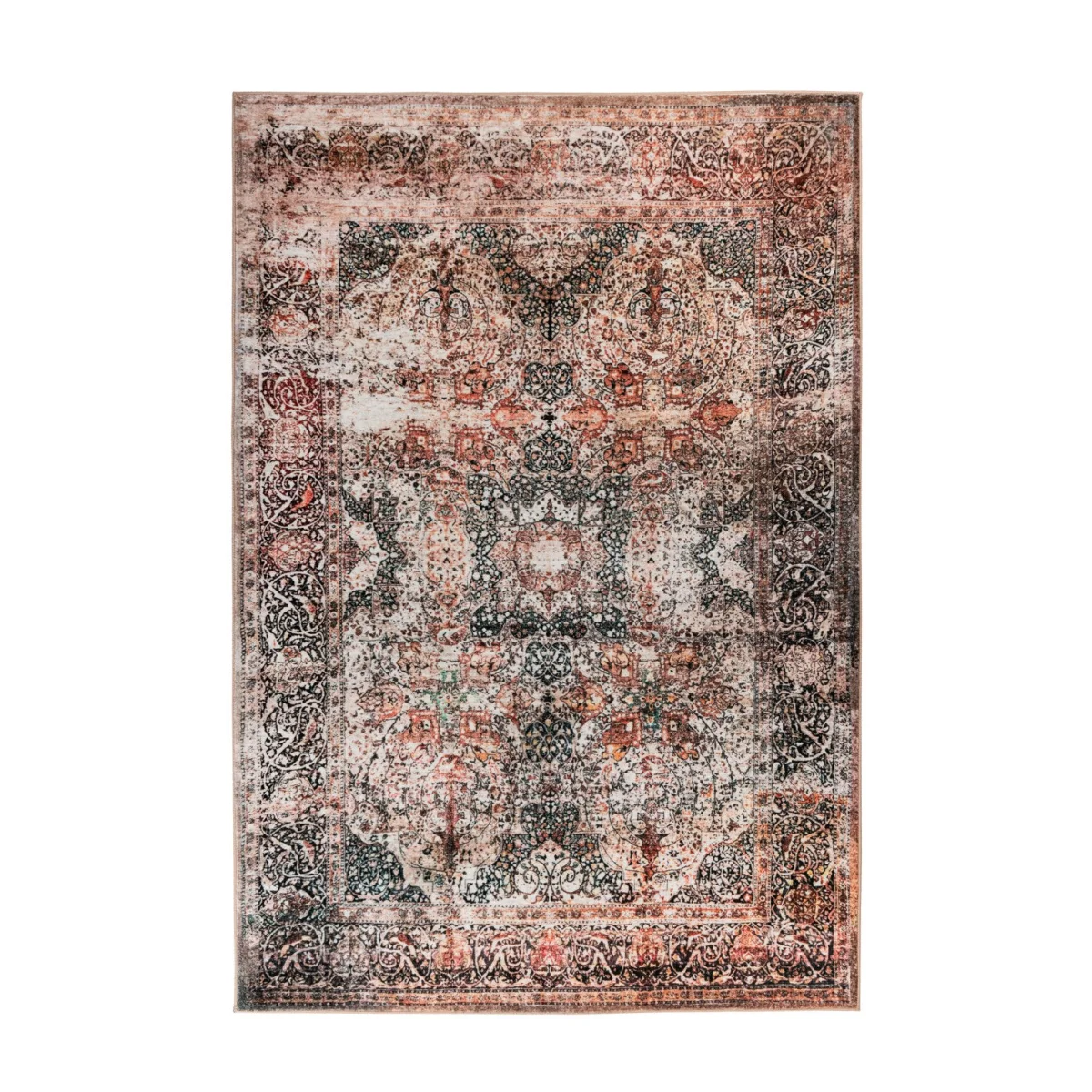 Tapis oriental vieilli avec motif floral et medaillon en noir, rose et crème