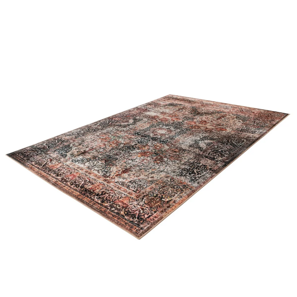 Tapis oriental vieilli rectangulaire avec motif floral en noir, rouge et beige 200x290 cm