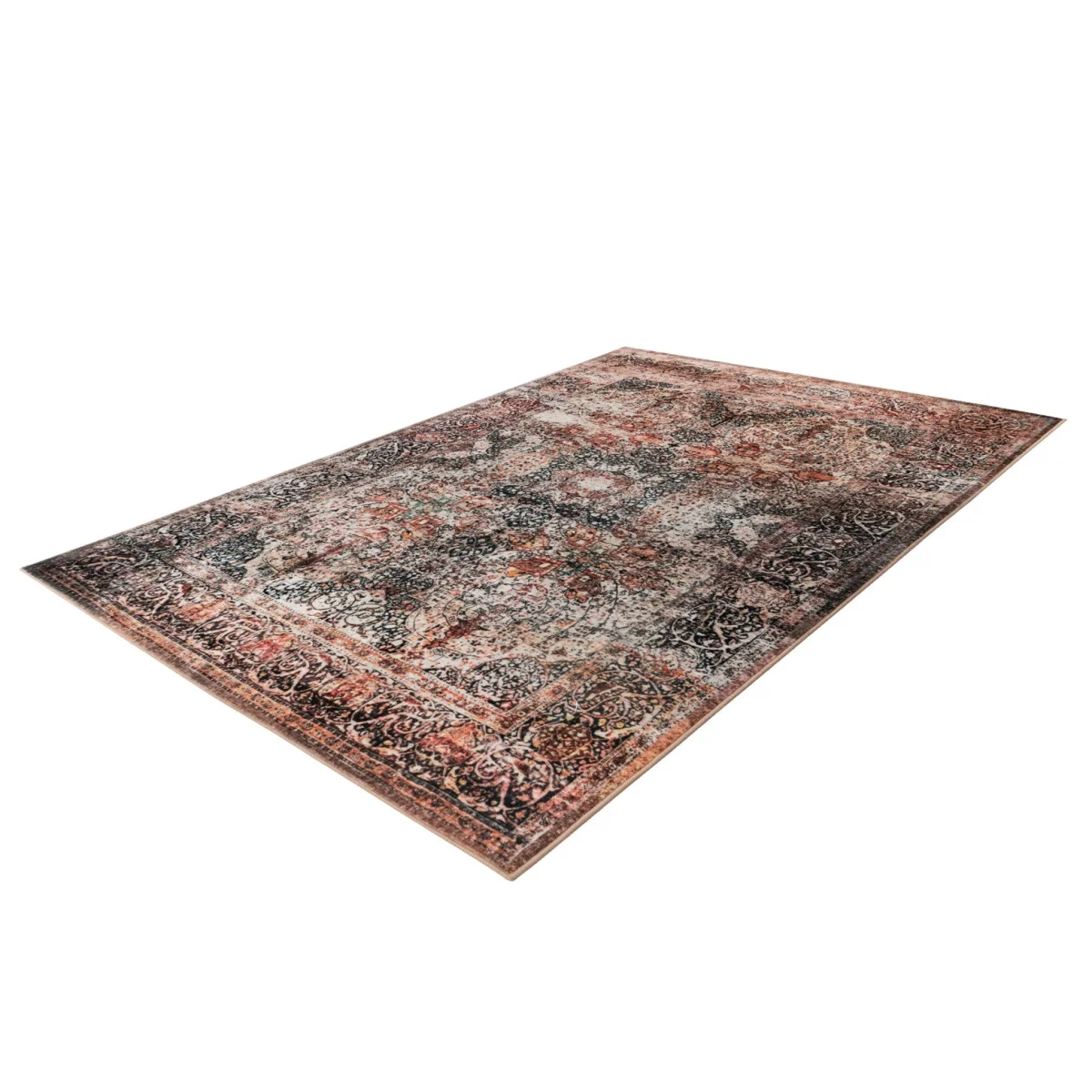 Tapis oriental vieilli rectangulaire avec motif floral en noir, rouge et beige 200x290 cm