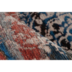 Tapis oriental délavé en velours ras avec motif médaillon en bleu, rouge, gris et crème