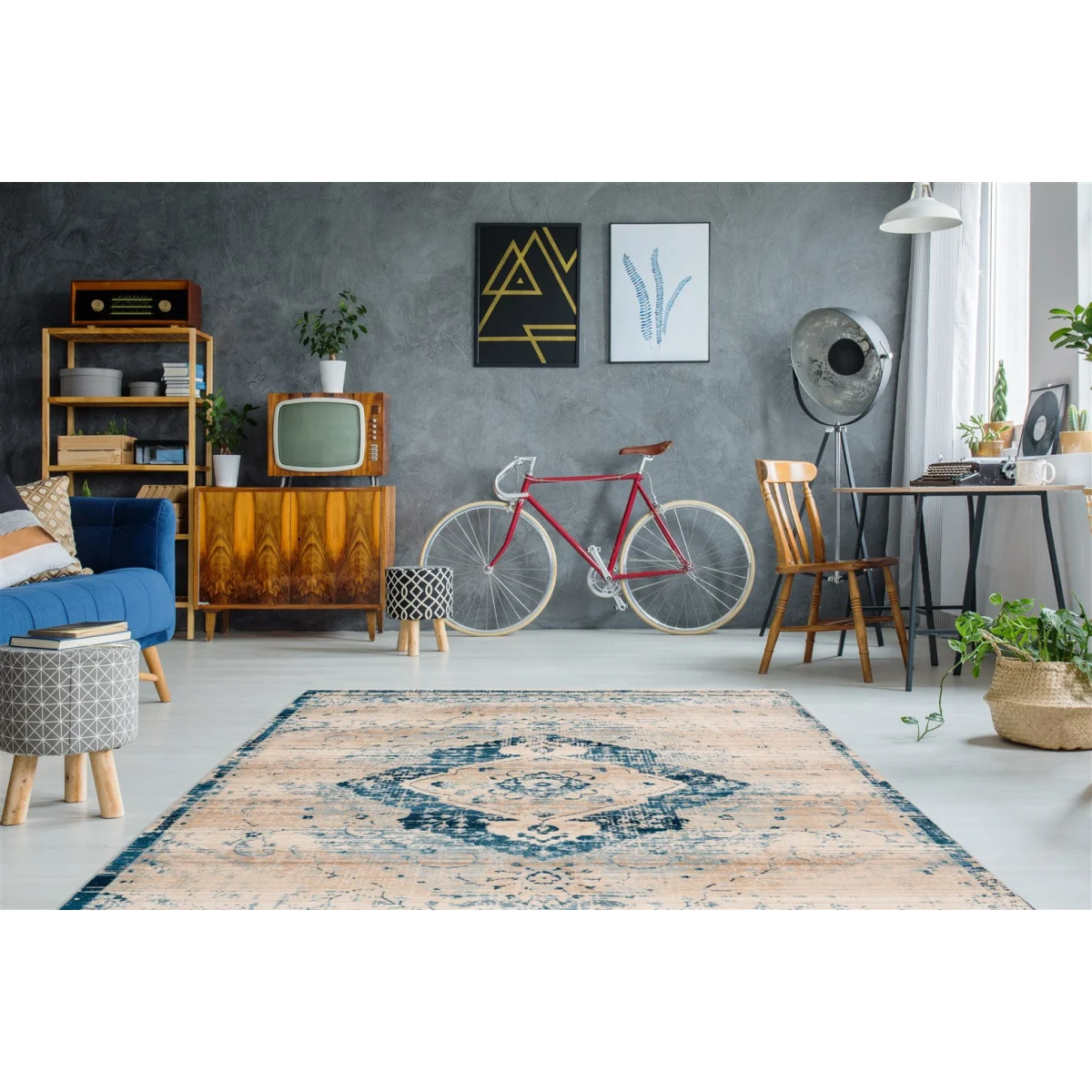 Tapis oriental rectangulaire en velours ras avec médaillon central crème et bleu