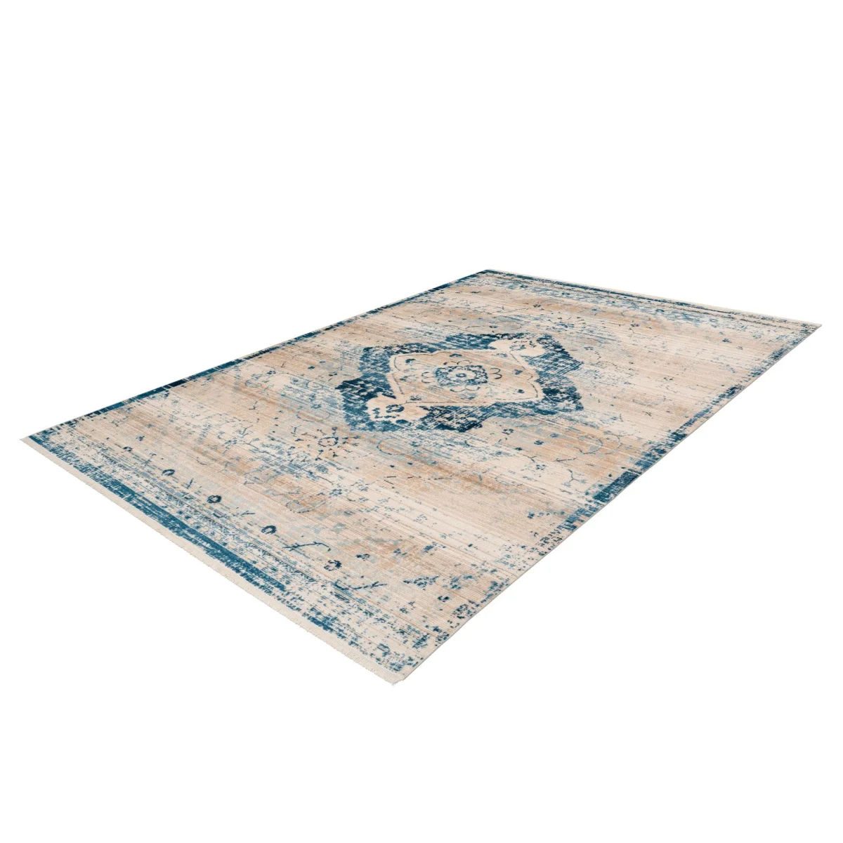 Tapis oriental rectangulaire en velours ras avec motif de médaillon bleu et crème