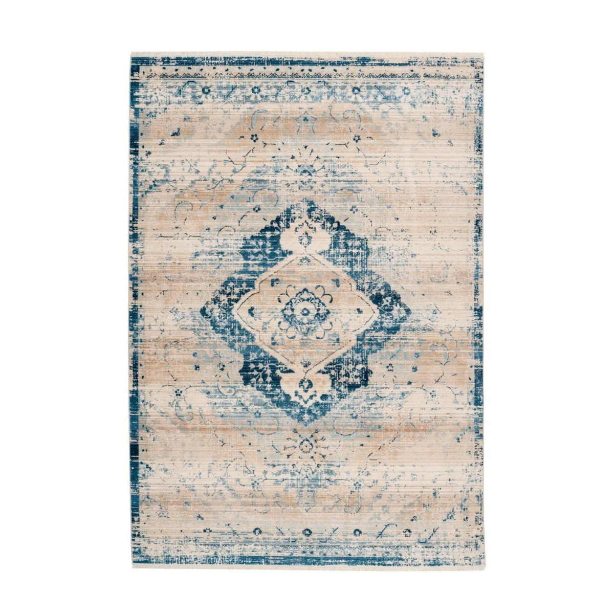 Tapis oriental rectangulaire à médaillon crème et bleu en velours ras 120x170 cm