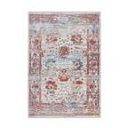 Tapis oriental rectangulaire en laine courte avec motif floral vieilli en rouge, gris et bleu