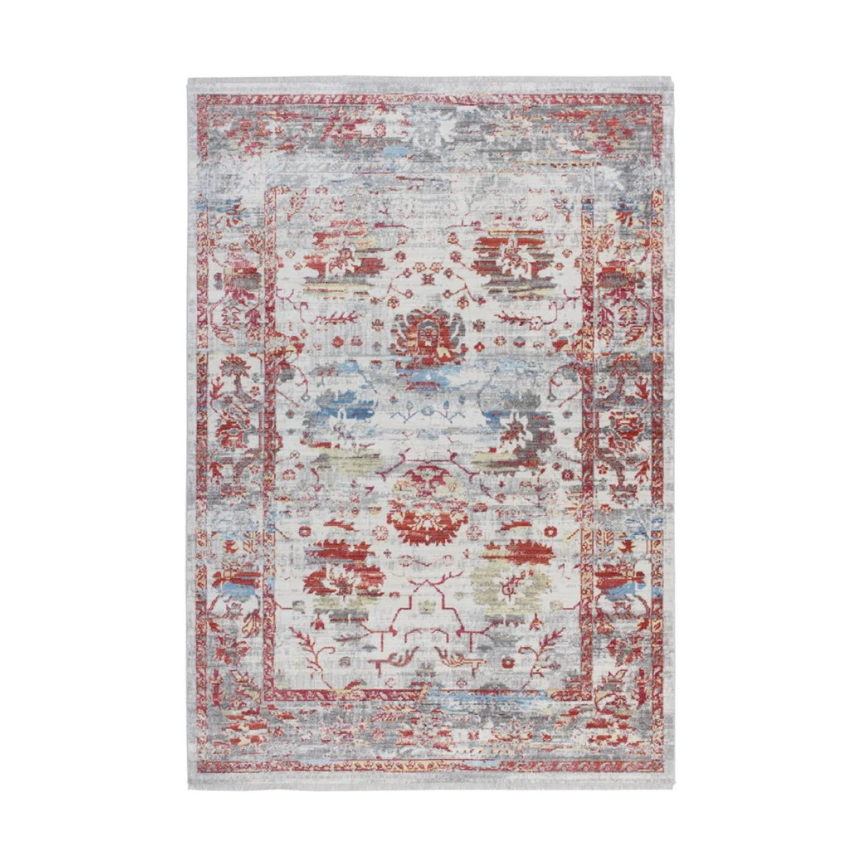 Tapis oriental rectangulaire en laine courte avec motif floral vieilli en rouge, gris et bleu