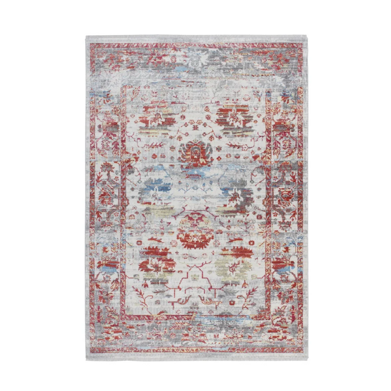 Tapis oriental rectangulaire à poils courts rouge et gris effet patiné