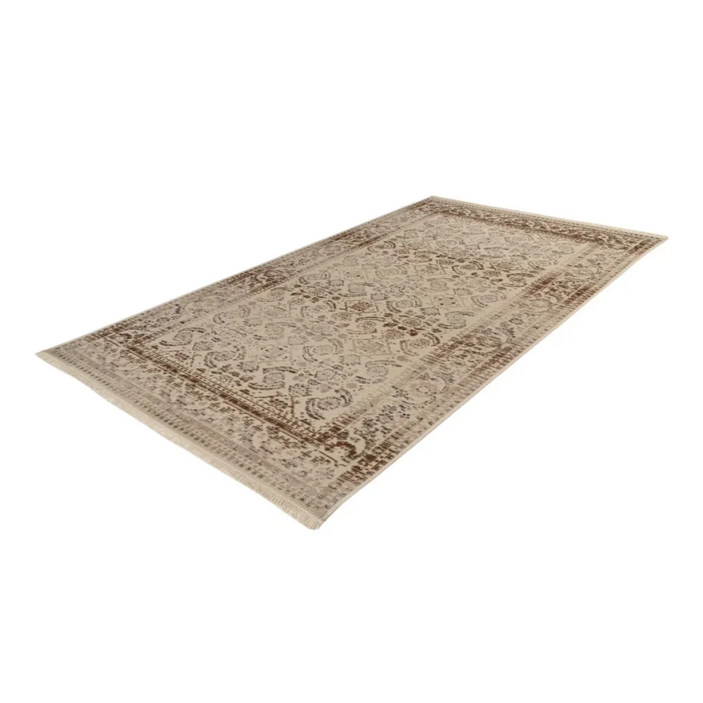 Tapis oriental rectangulaire effet vieilli beige et brun avec motifs floraux foncés
