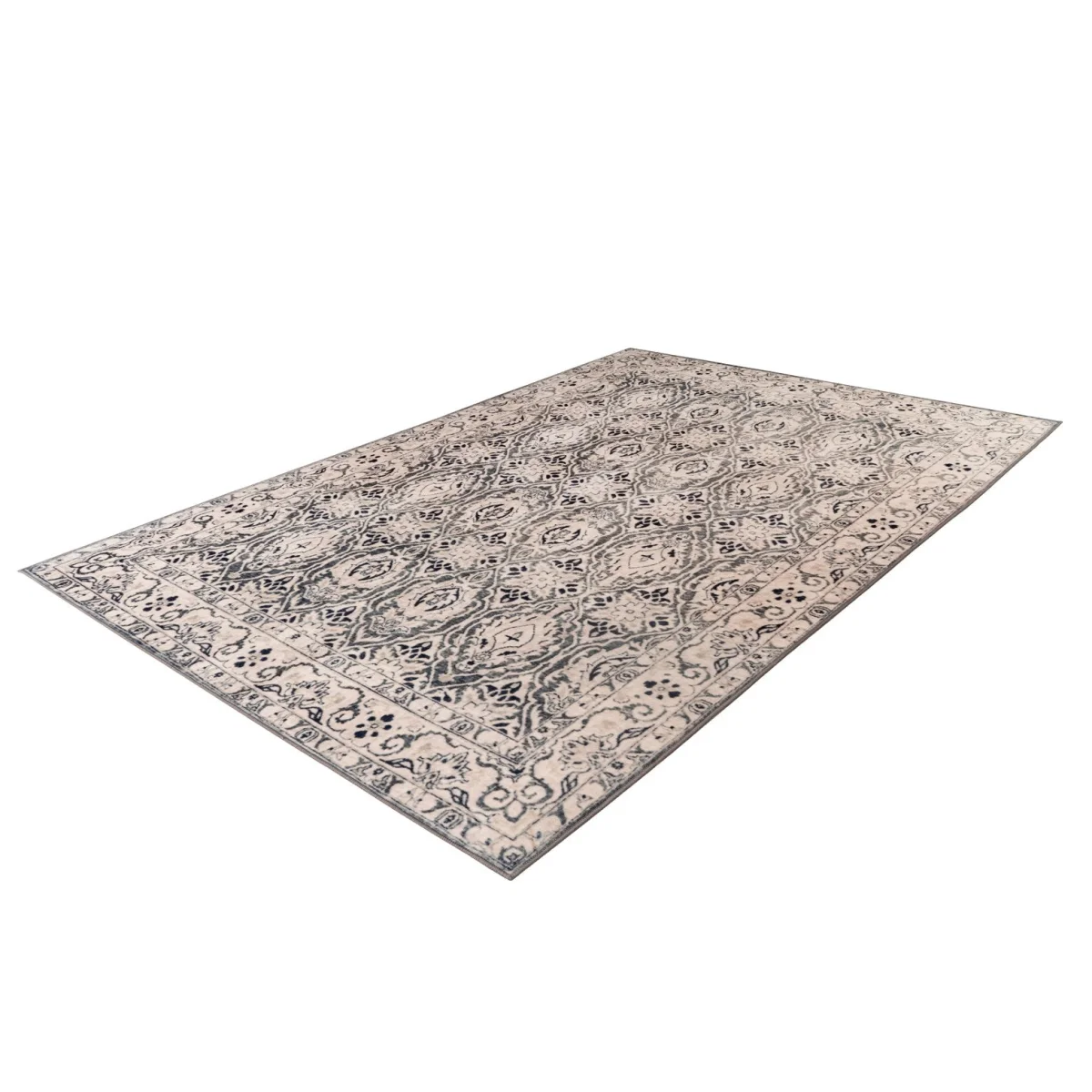 Tapis oriental rectangulaire beige et bleu avec motif abstrait et aspect usé 120x170 cm