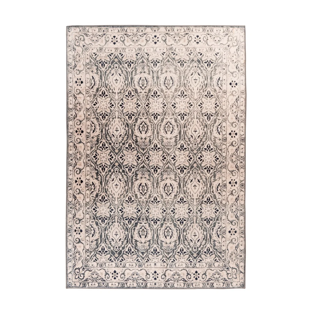 Tapis oriental rectangulaire beige et bleu avec motif damassé gris et crème, look vintage