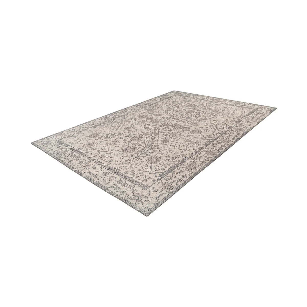 Tapis oriental rectangulaire en coton beige avec motif floral patiné et détaillé